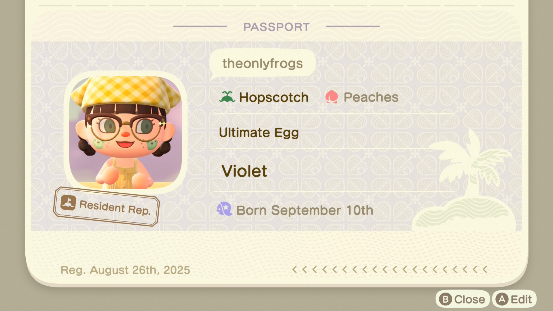 Violet's Animal Crossing New Horizons passport for Hopscotch at the beginning of the island rebuild