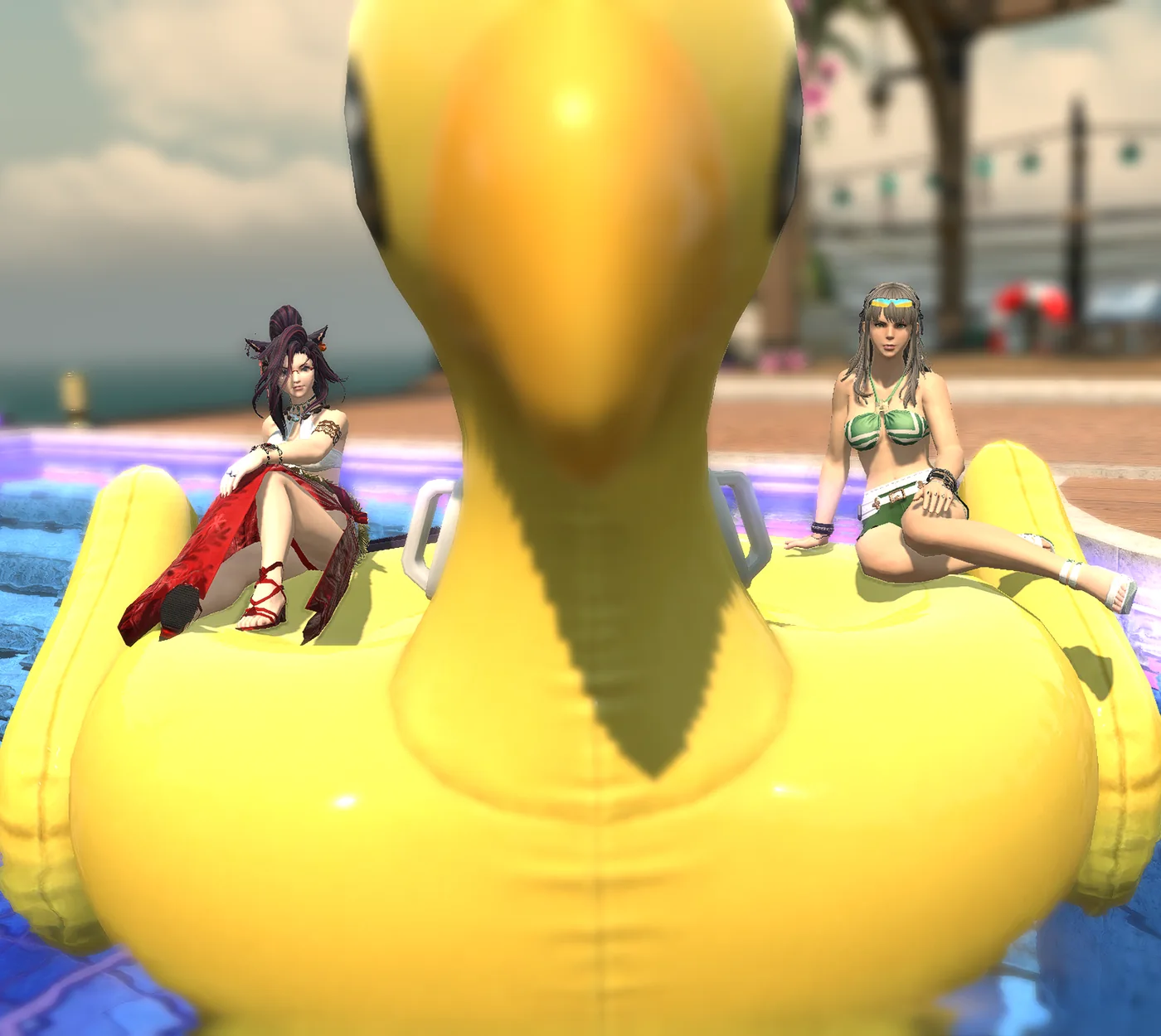 Two Final Fantasy XIV characters sitting on a giant yellow duck float in a pool.