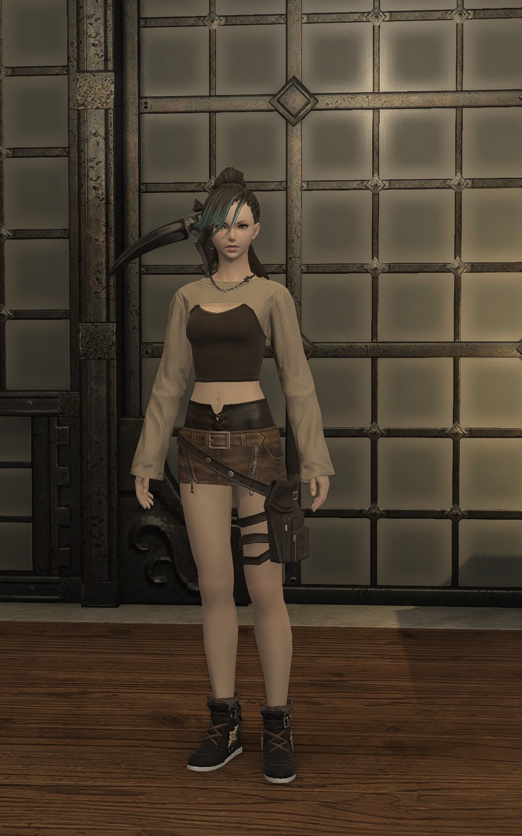 Aggro Phobic in a brown and black casual crop top and shorts outfit.