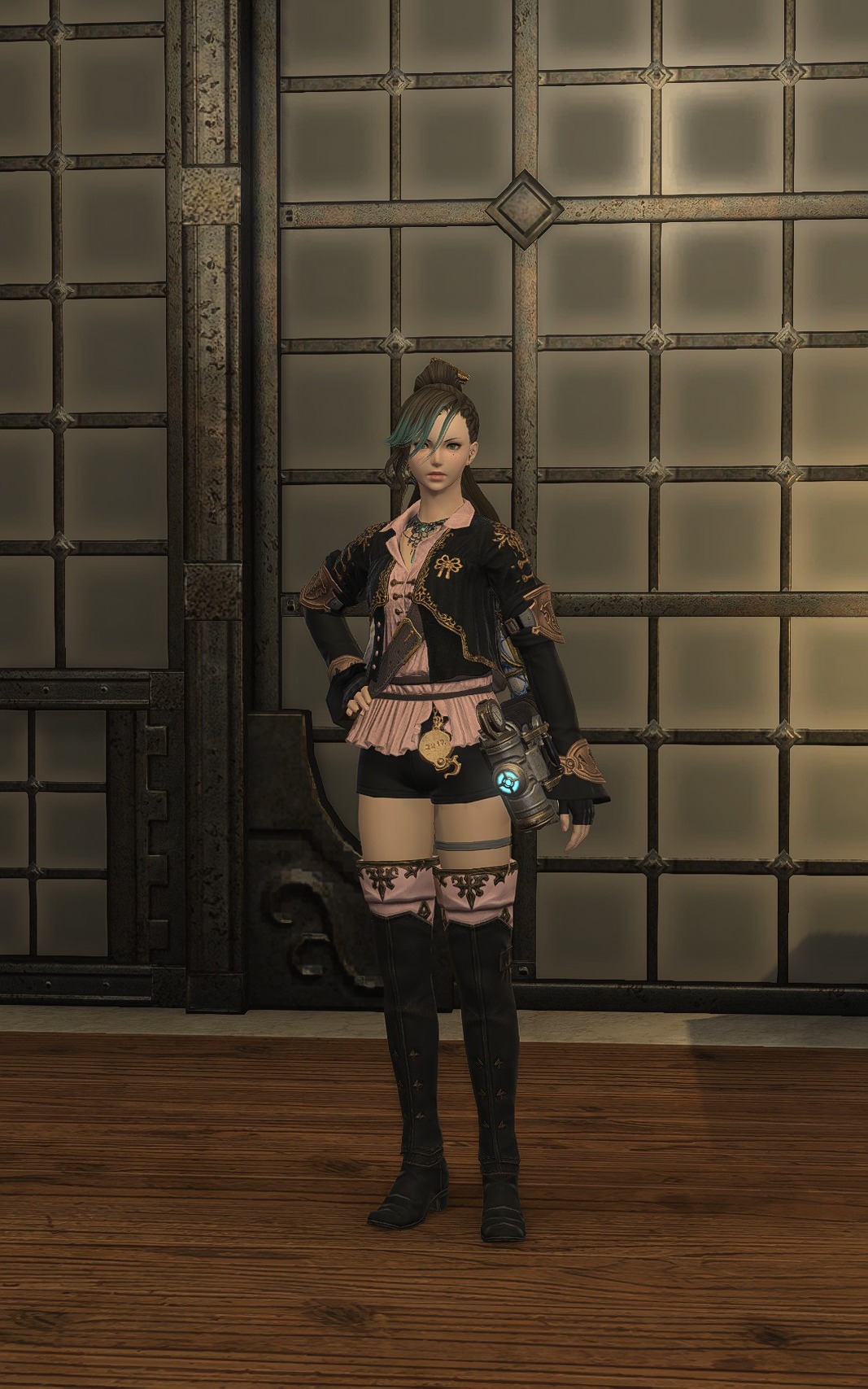 Aggro Phobic in a pink and black outfit with tall black boots.