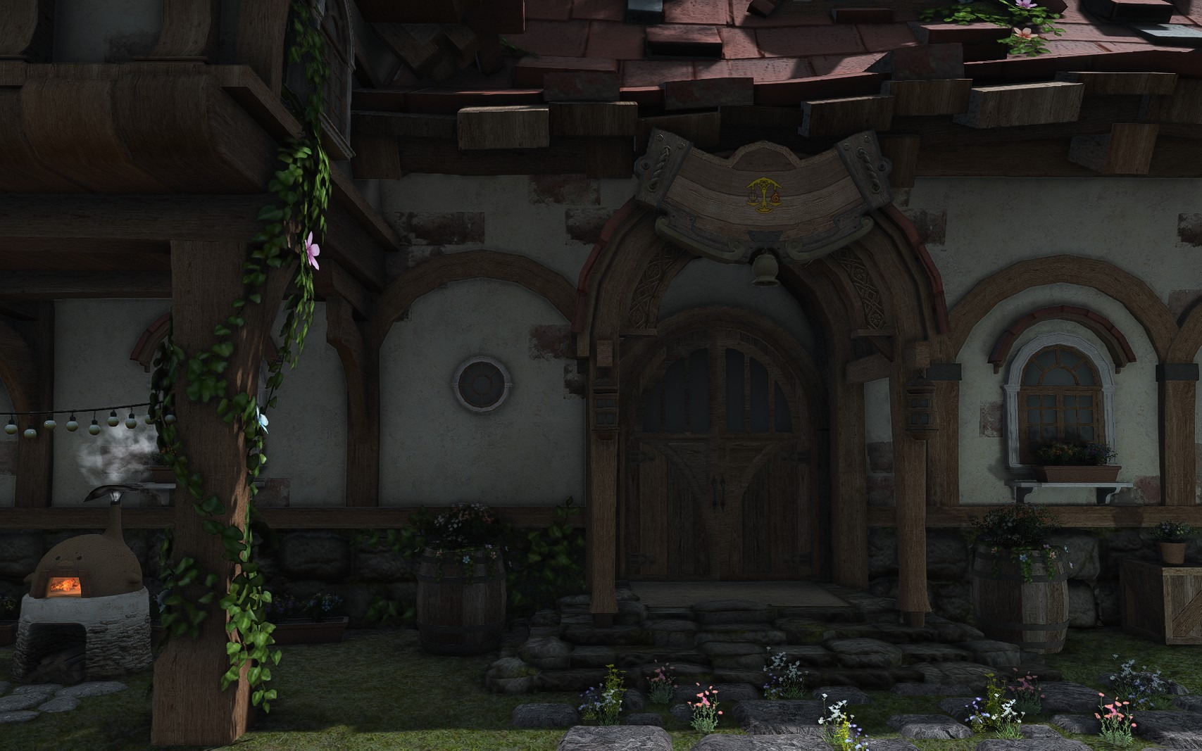 Close view of the wooden front door with vines, flower barrels and a small outdoor oven.