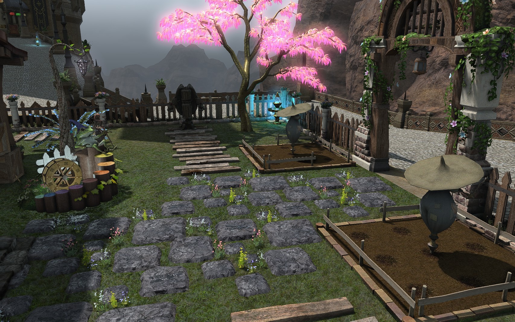 Garden plots and irregular stone paths beneath a bright pink tree in Aggro Phobic's yard.