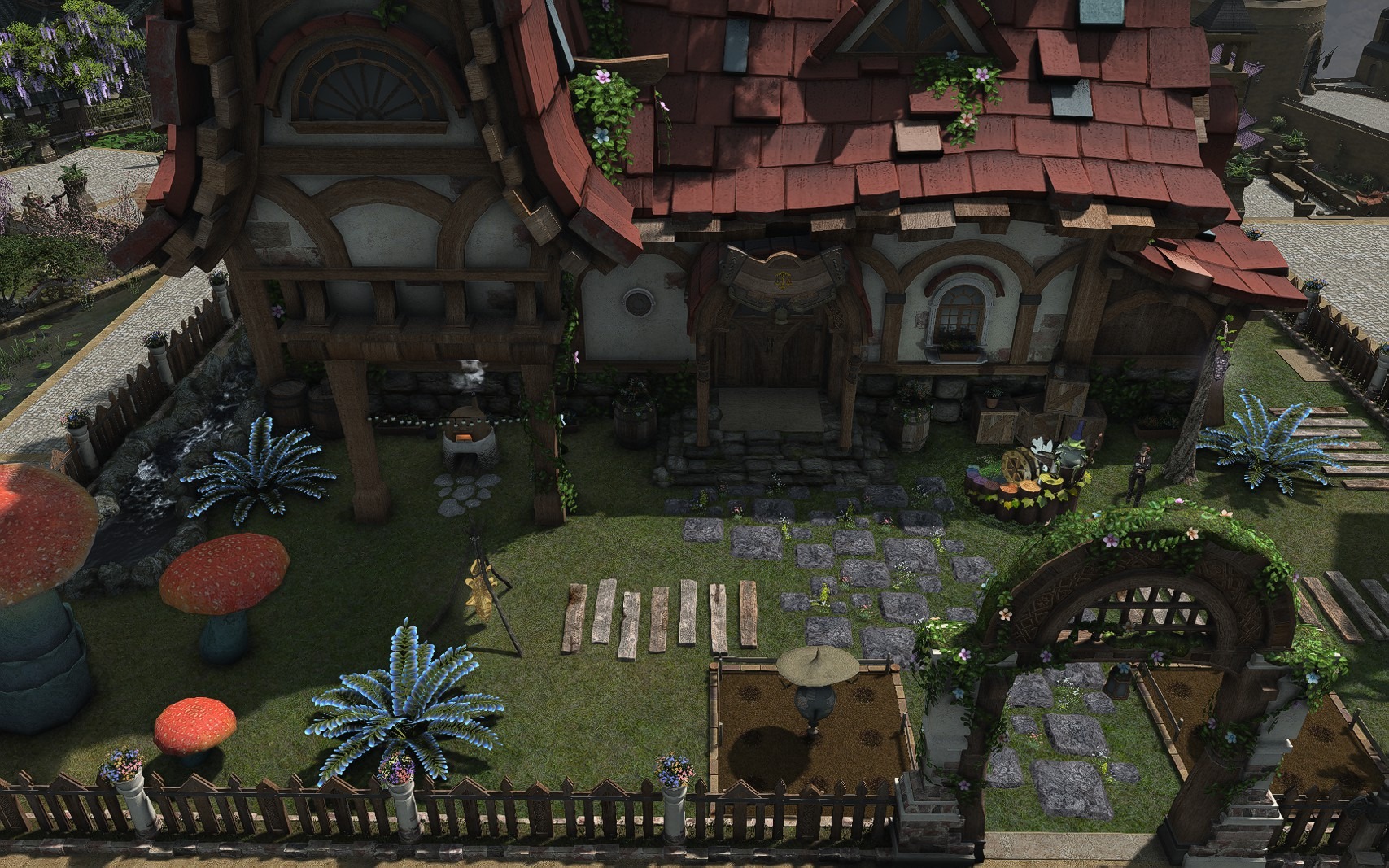 An overhead view of Aggro Phobic's house garden with mushrooms, paths, plots and a vine-covered gate.