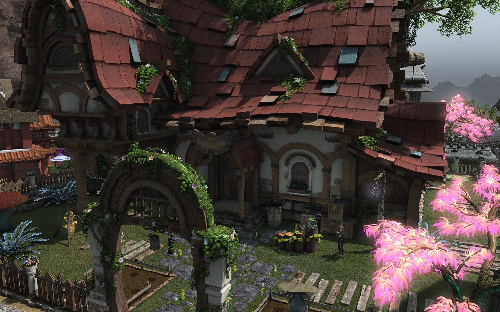 Aggro Phobic's red-roofed FFXIV house and garden with a vine-covered arch, pink tree and giant mushrooms.