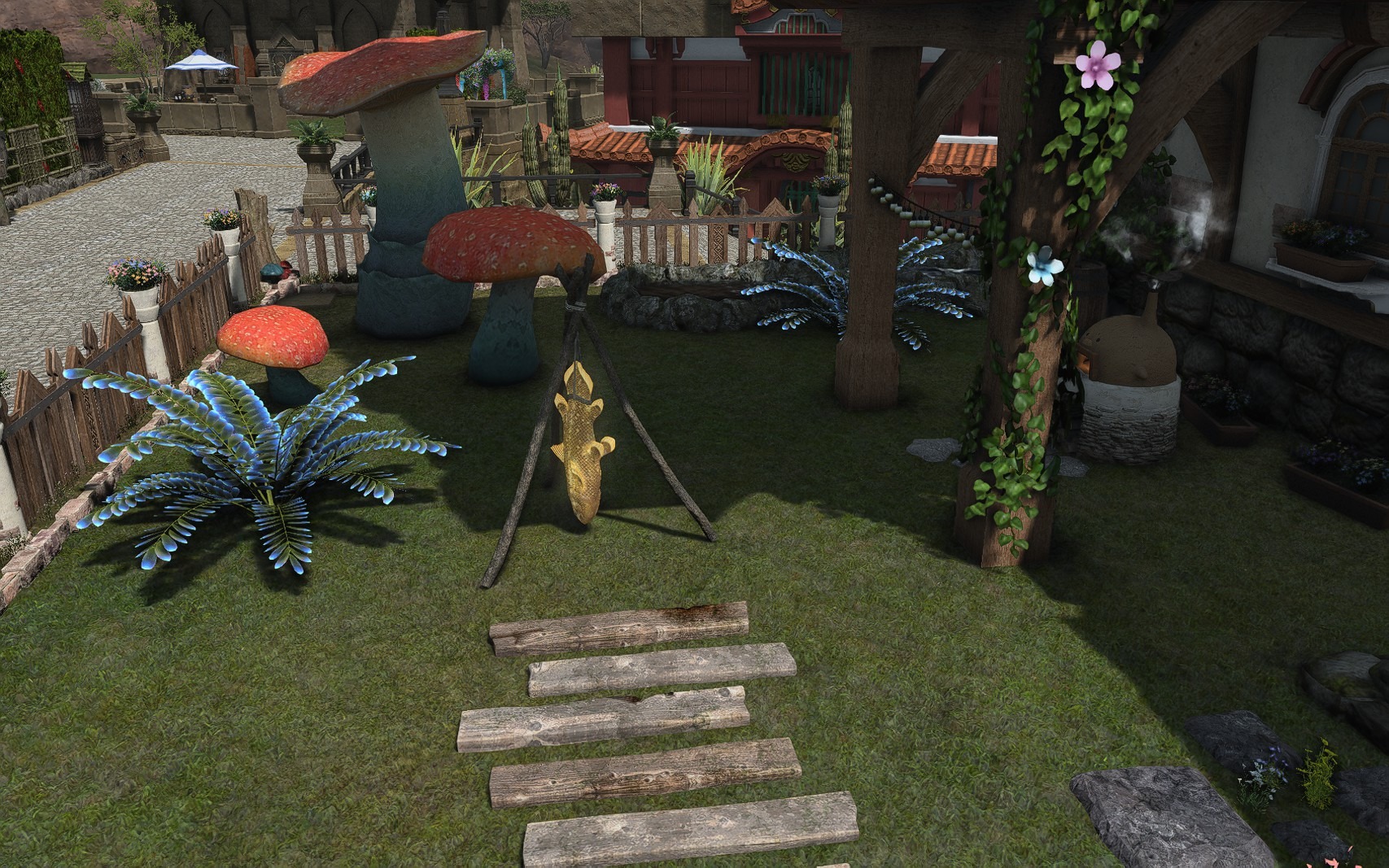 A shaded garden corner with giant red mushrooms, glowing plants, vines and a hanging fish furnishing.