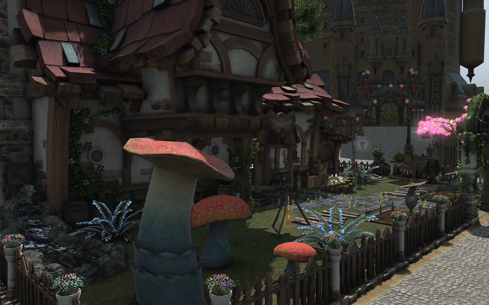 Side view of the garden with three giant red mushrooms, glowing blue plants and the house behind them.