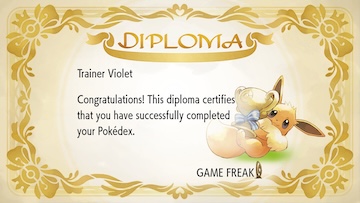 Let’s Go Eevee Pokédex completion diploma