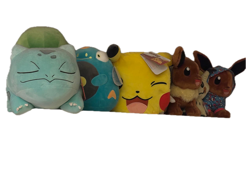 Pokémon plush collection on shelf